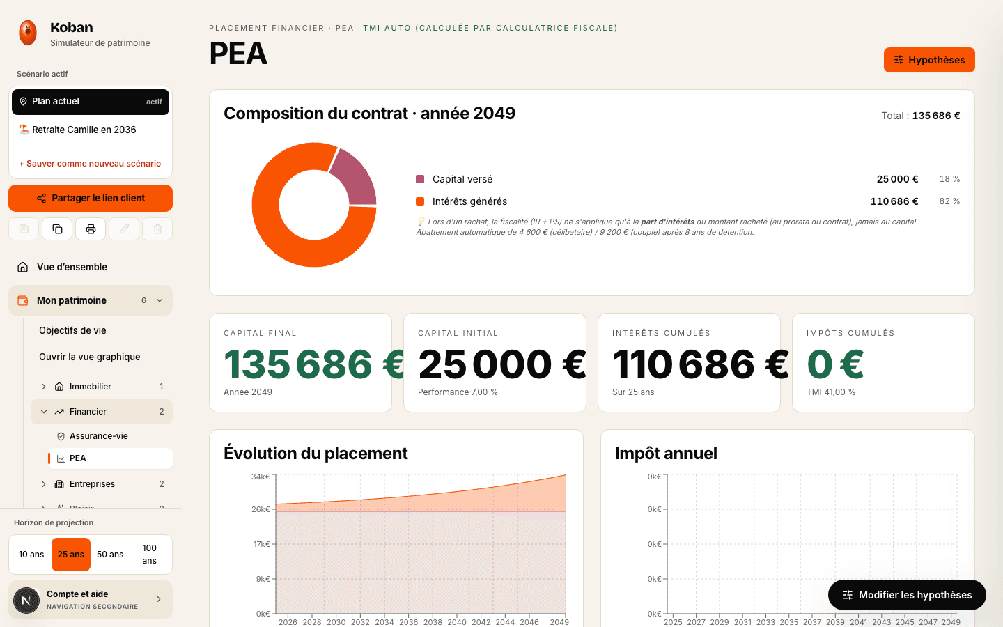 Projection d’un PEA dans Kaneo avec capital versé, intérêts, impôts et évolution annuelle.